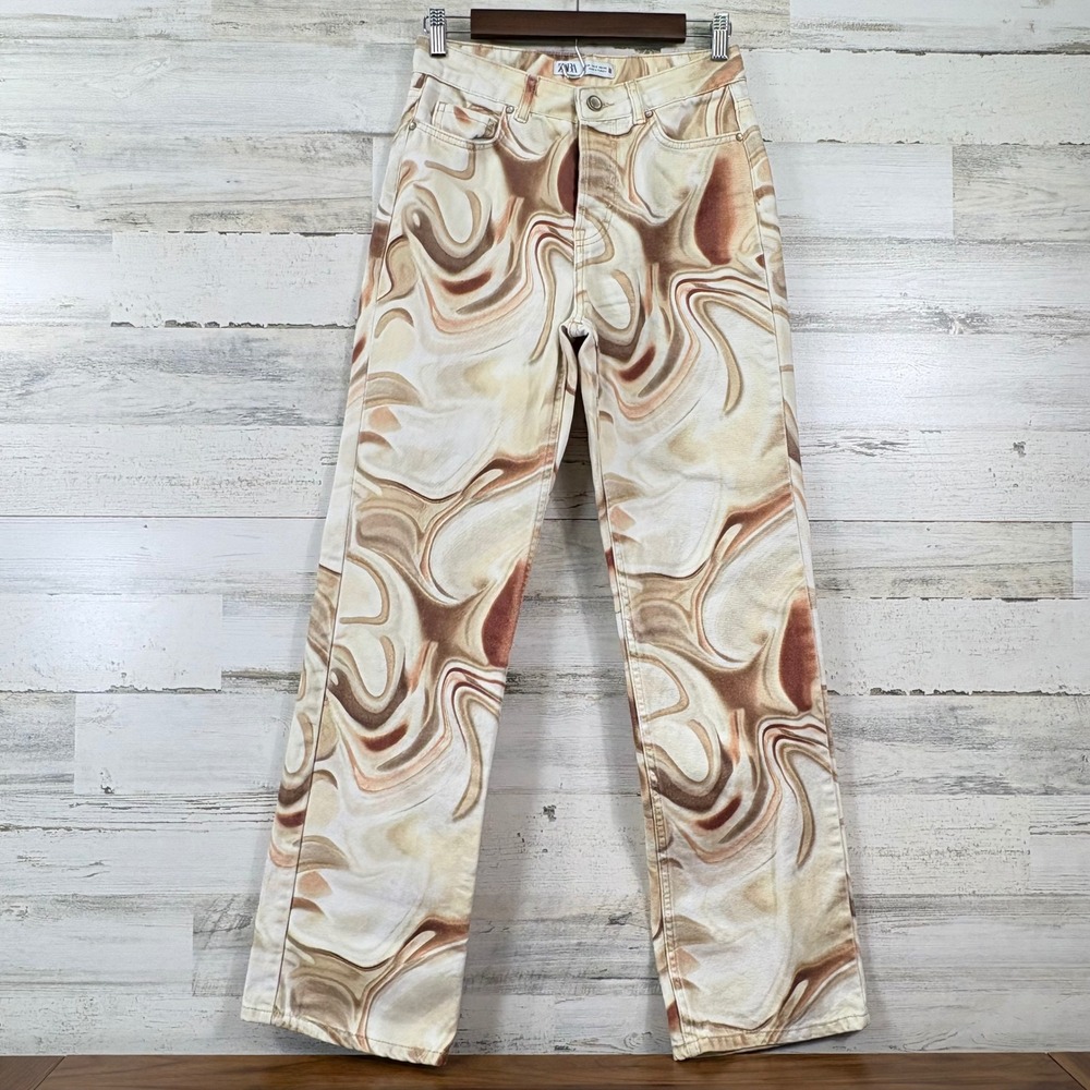 Zara Jeans Womens 2 Brown Marble Swirl Print High Rise Straight Leg Whimsigoth